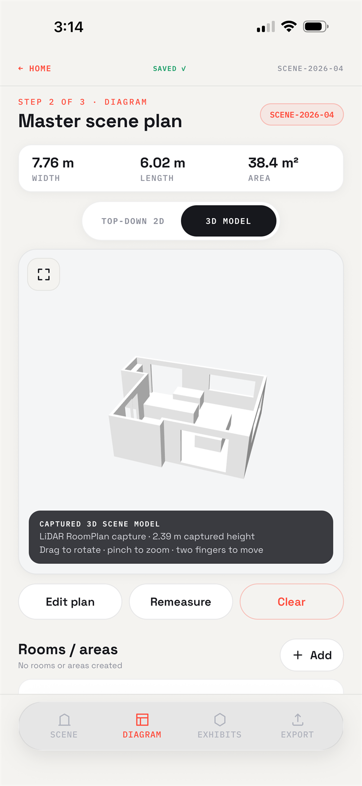 SceneLedger — the captured master scene plan shown as a 3D model with measured width, length and floor area (illustrative record, all data fictional)