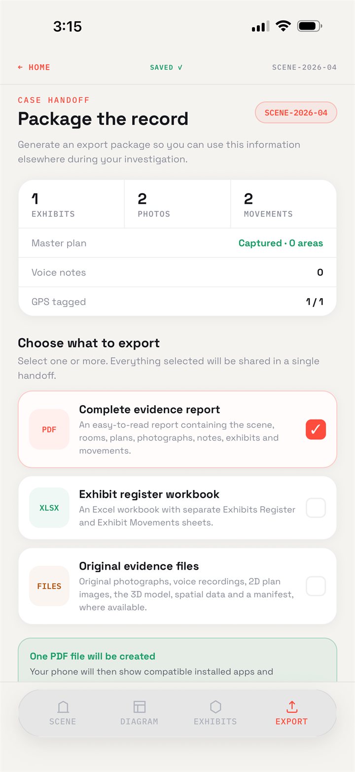SceneLedger — the case handoff screen, choosing the PDF report, exhibit workbook and original evidence files to package (illustrative record, all data fictional)