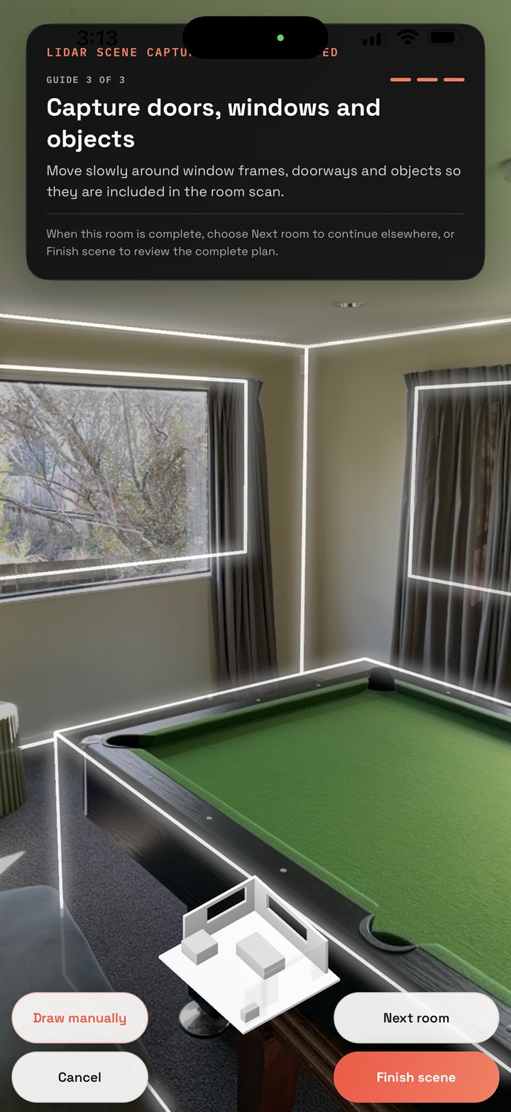 SceneLedger — a LiDAR scene capture in progress, with the room's walls, windows and furniture outlined live over the camera view (illustrative record, all data fictional)