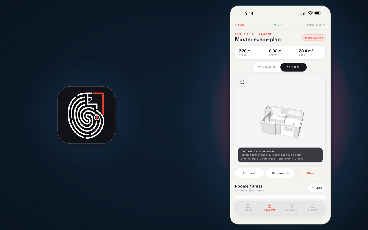 SceneLedger — LiDAR scene capture on iPhone (illustrative record, all data fictional)