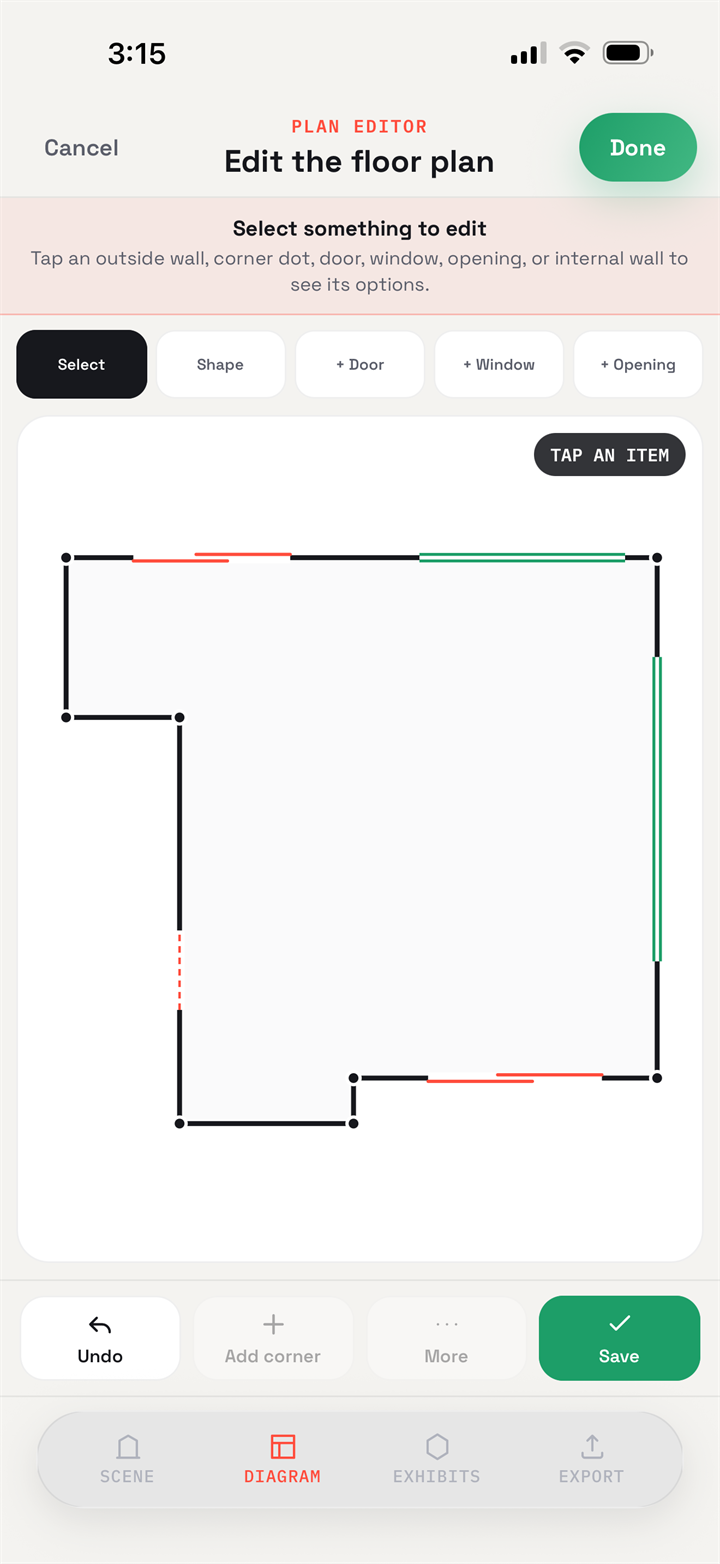 SceneLedger — the 2D plan editor, with controls to reshape walls and add doors, windows and openings (illustrative record, all data fictional)